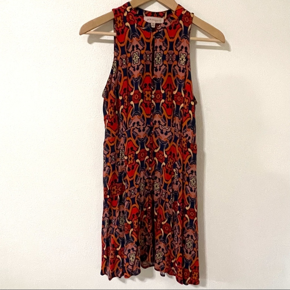 Philosophy Sleeveless Bold Print Navy Red Button Through Mandarin Collar Dress-S